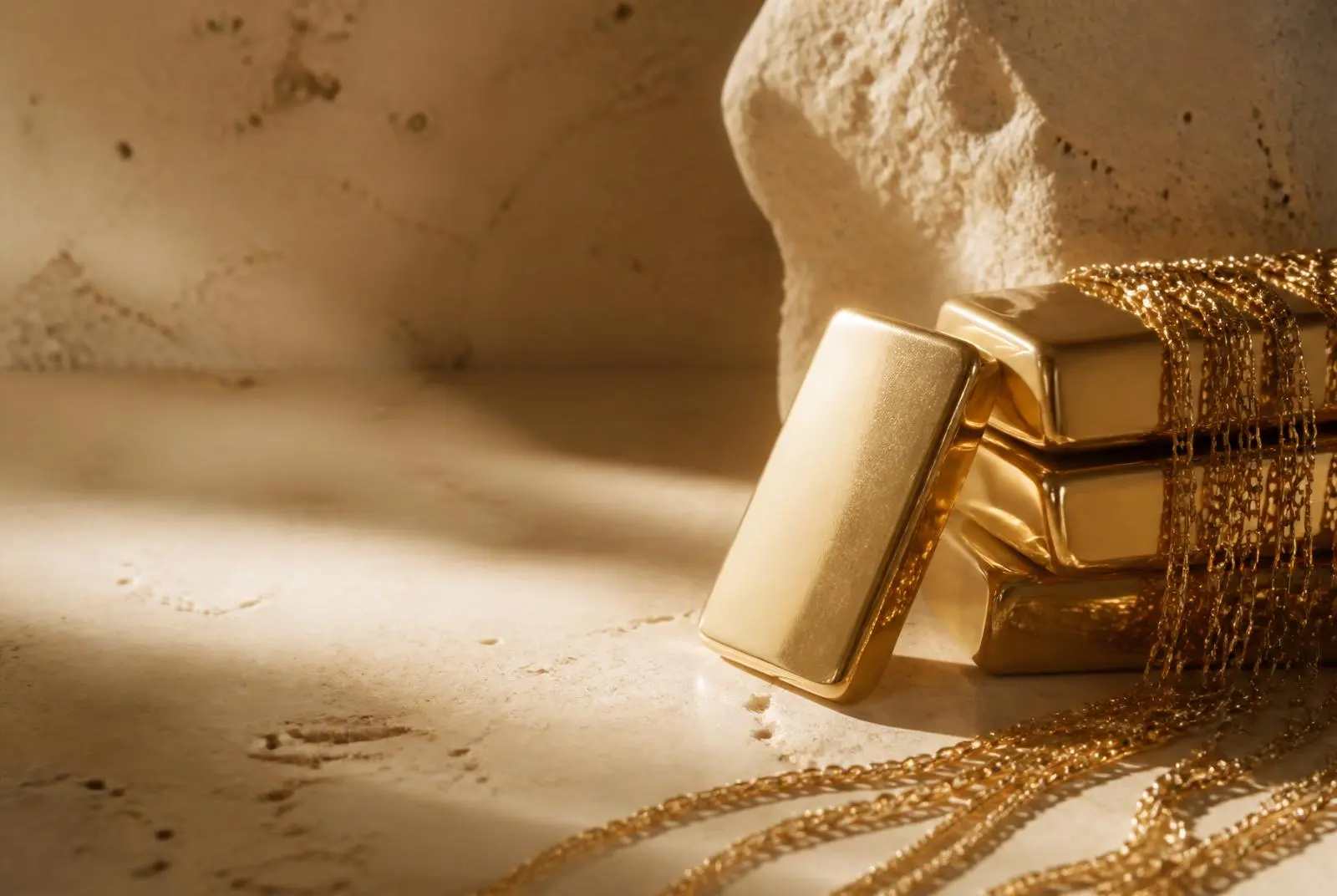 Polished gold bars and fine gold chains on warm travertine stone