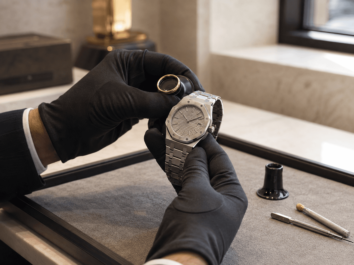 InstaGold specialist authenticating a Audemars Piguet at the 47th Street Diamond District office