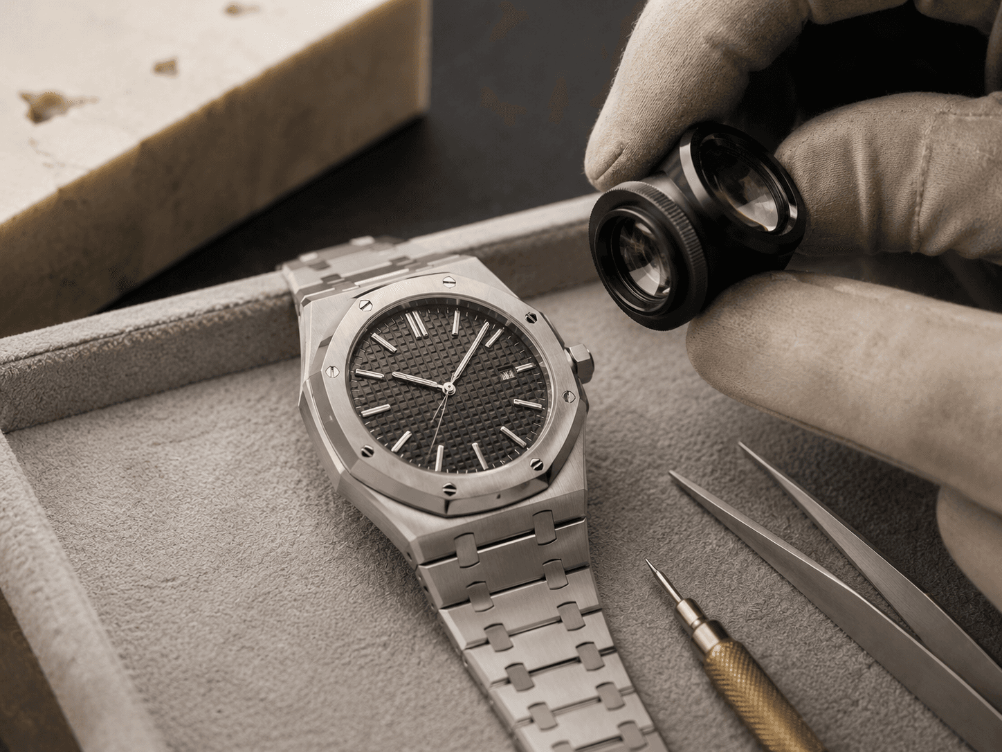 A Audemars Piguet watch inspected with a loupe during an InstaGold evaluation