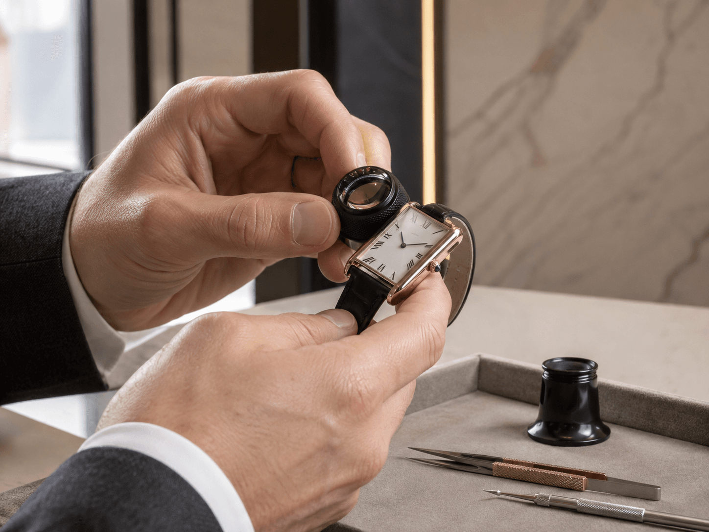 InstaGold specialist authenticating a Cartier at the 47th Street Diamond District office