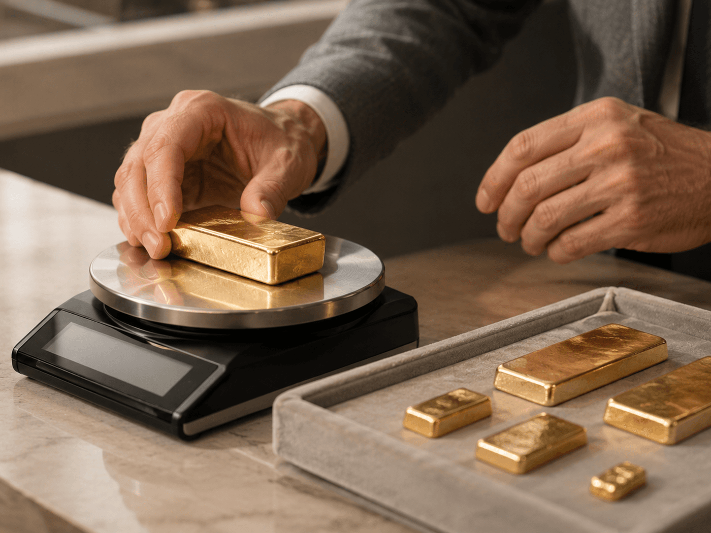 InstaGold specialist testing a gold bar at the 47th Street Diamond District office