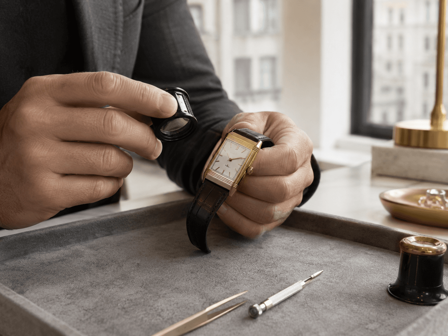 InstaGold specialist authenticating a Jaeger-LeCoultre at the 47th Street Diamond District office