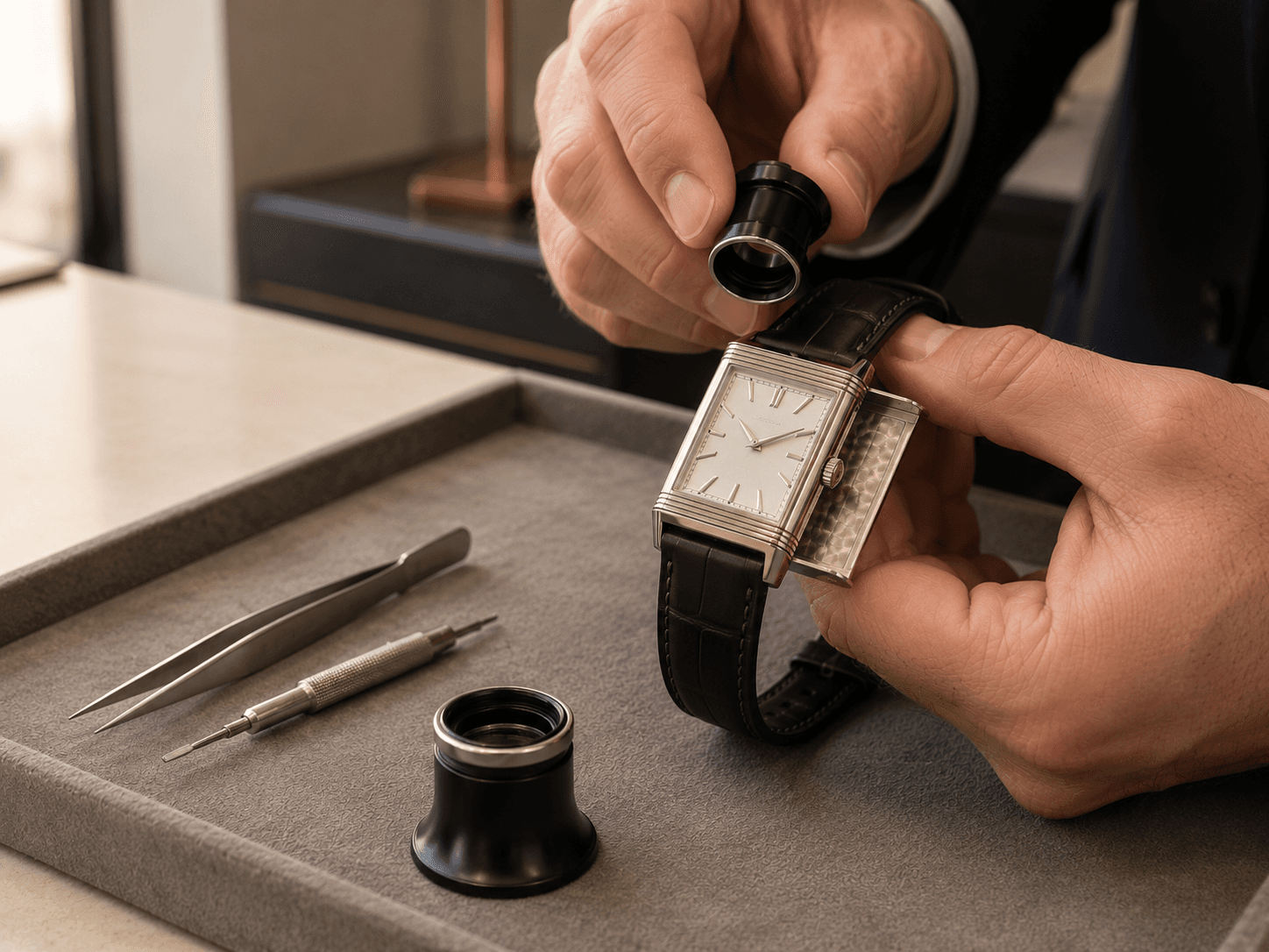 A Jaeger-LeCoultre watch inspected with a loupe during an InstaGold evaluation
