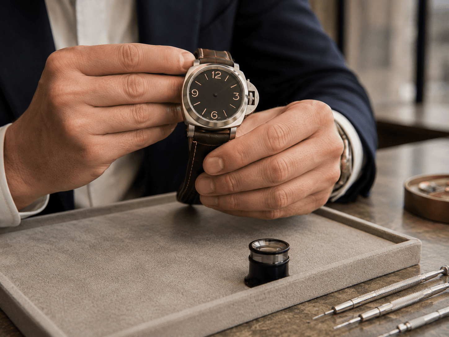 A Panerai watch inspected with a loupe during an InstaGold evaluation