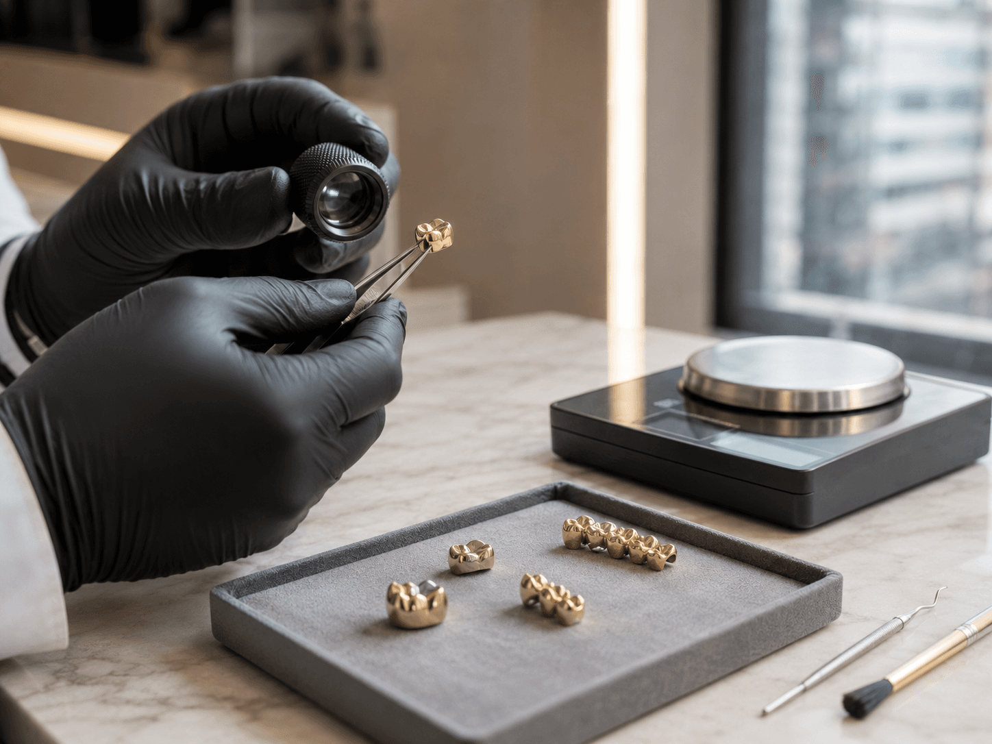 InstaGold specialist testing dental gold at the 47th Street Diamond District office