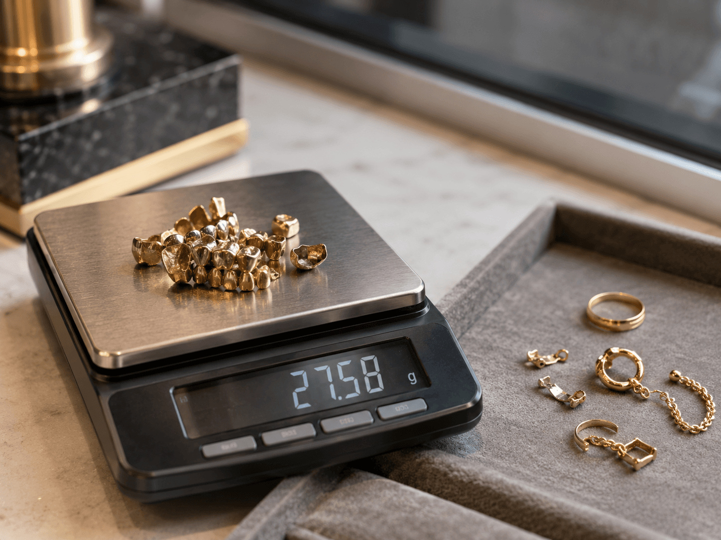 Dental gold and scrap gold weighed on a jeweler's scale during an InstaGold evaluation