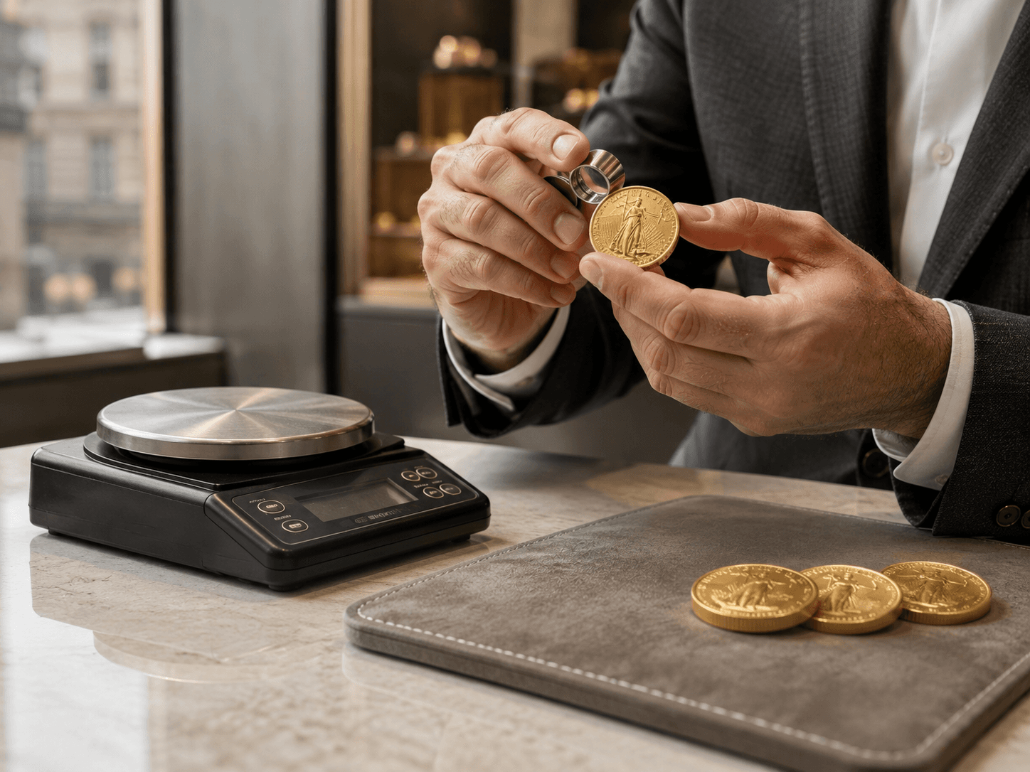 InstaGold specialist testing a gold coin at the 47th Street Diamond District office
