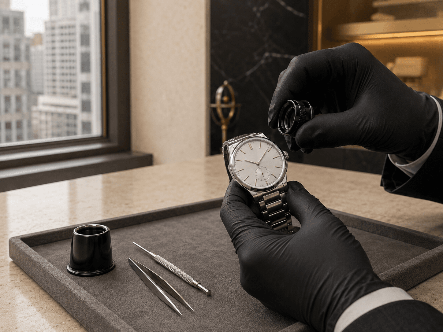 InstaGold specialist authenticating a Patek Philippe at the 47th Street Diamond District office