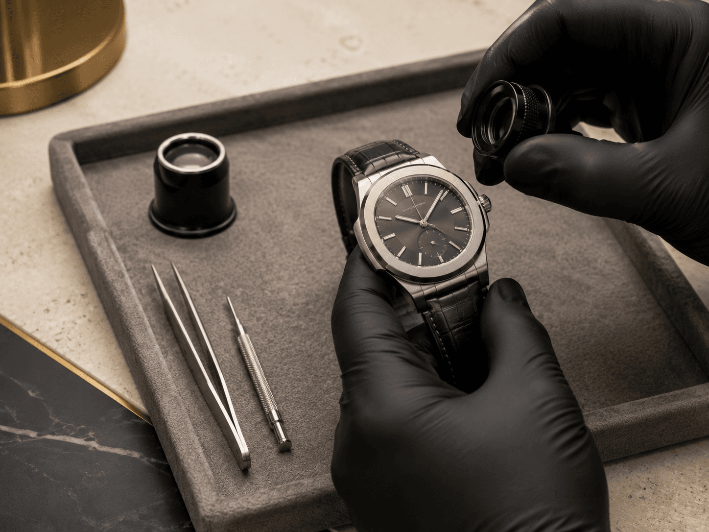 A Patek Philippe watch inspected with a loupe during an InstaGold evaluation