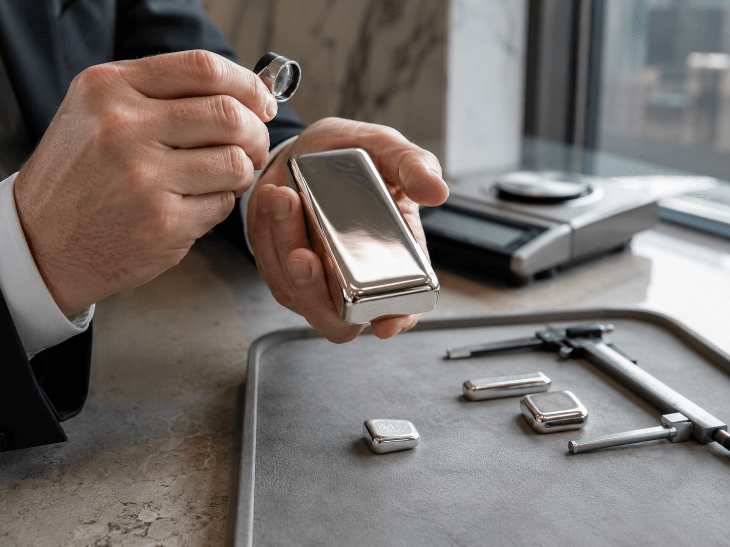 InstaGold specialist testing a platinum bar at the 47th Street Diamond District office