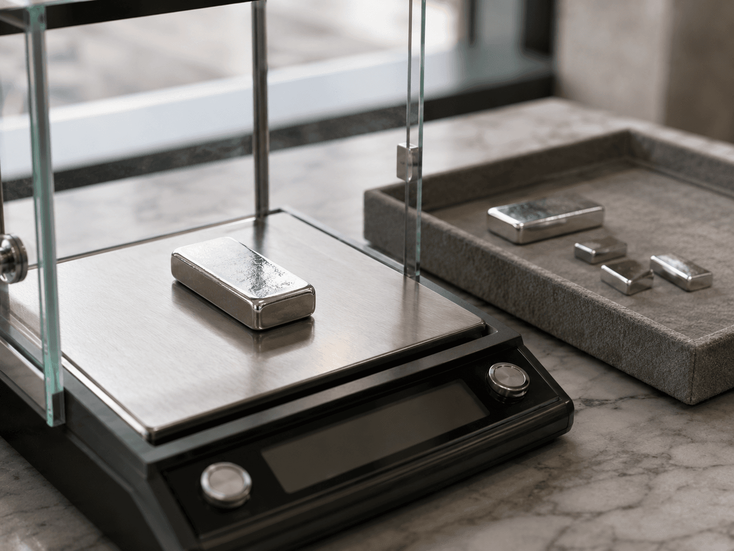 Platinum bars and silver coins weighed on a jeweler's scale during an InstaGold evaluation
