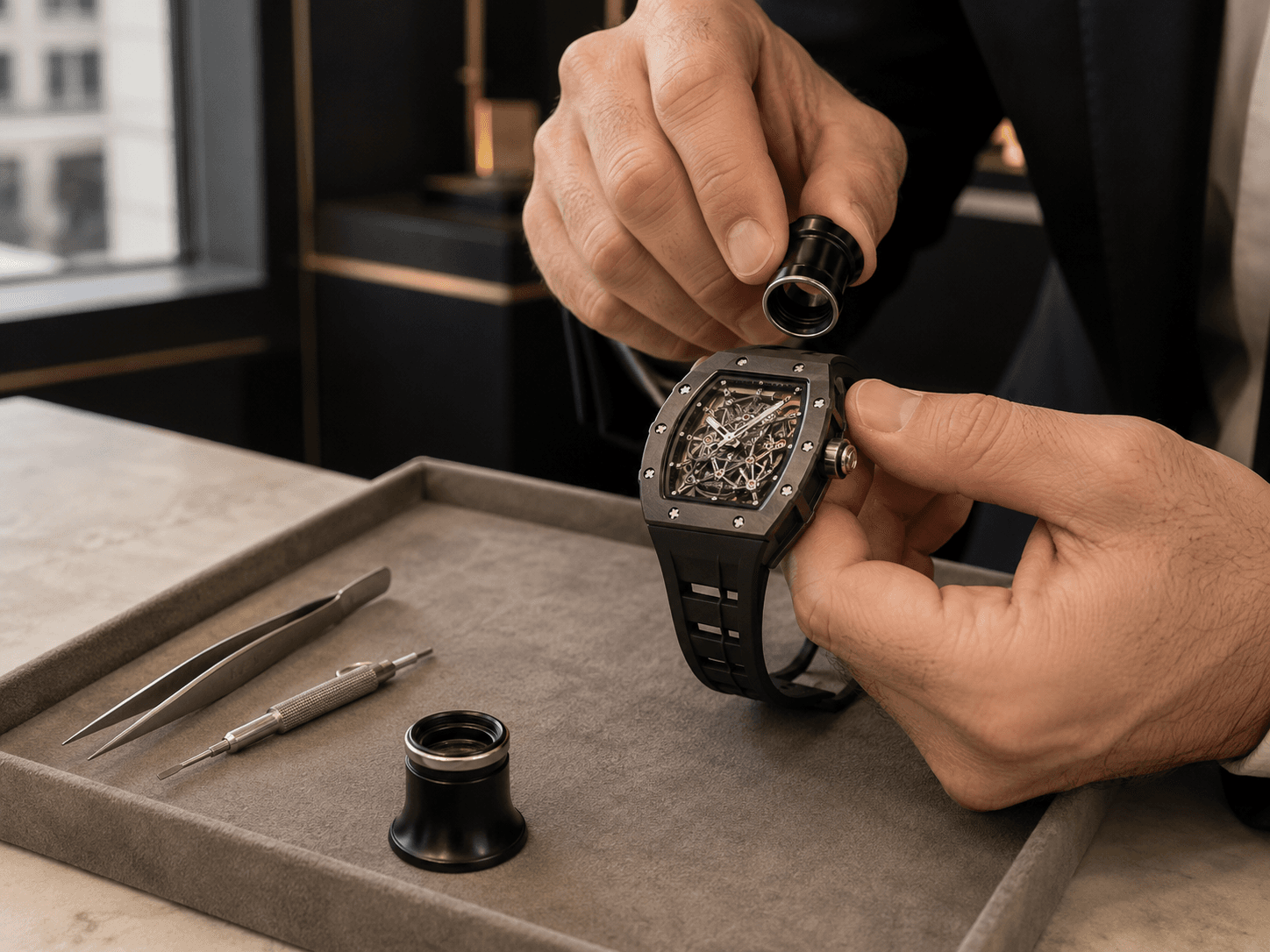 InstaGold specialist authenticating a Richard Mille at the 47th Street Diamond District office