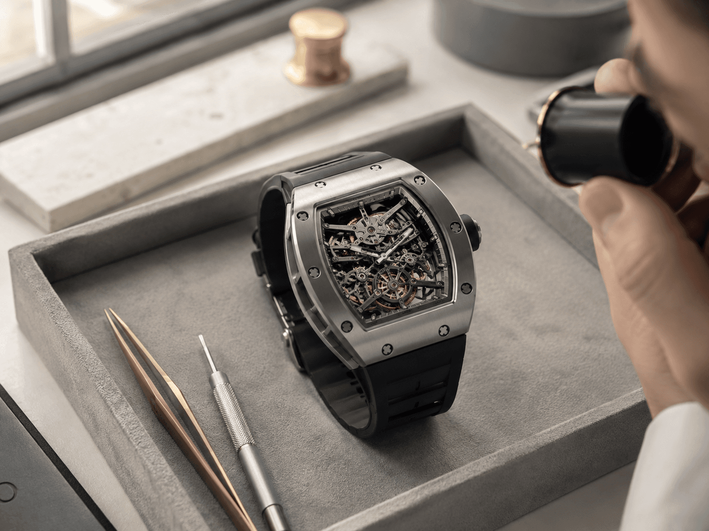 A Richard Mille watch inspected with a loupe during an InstaGold evaluation