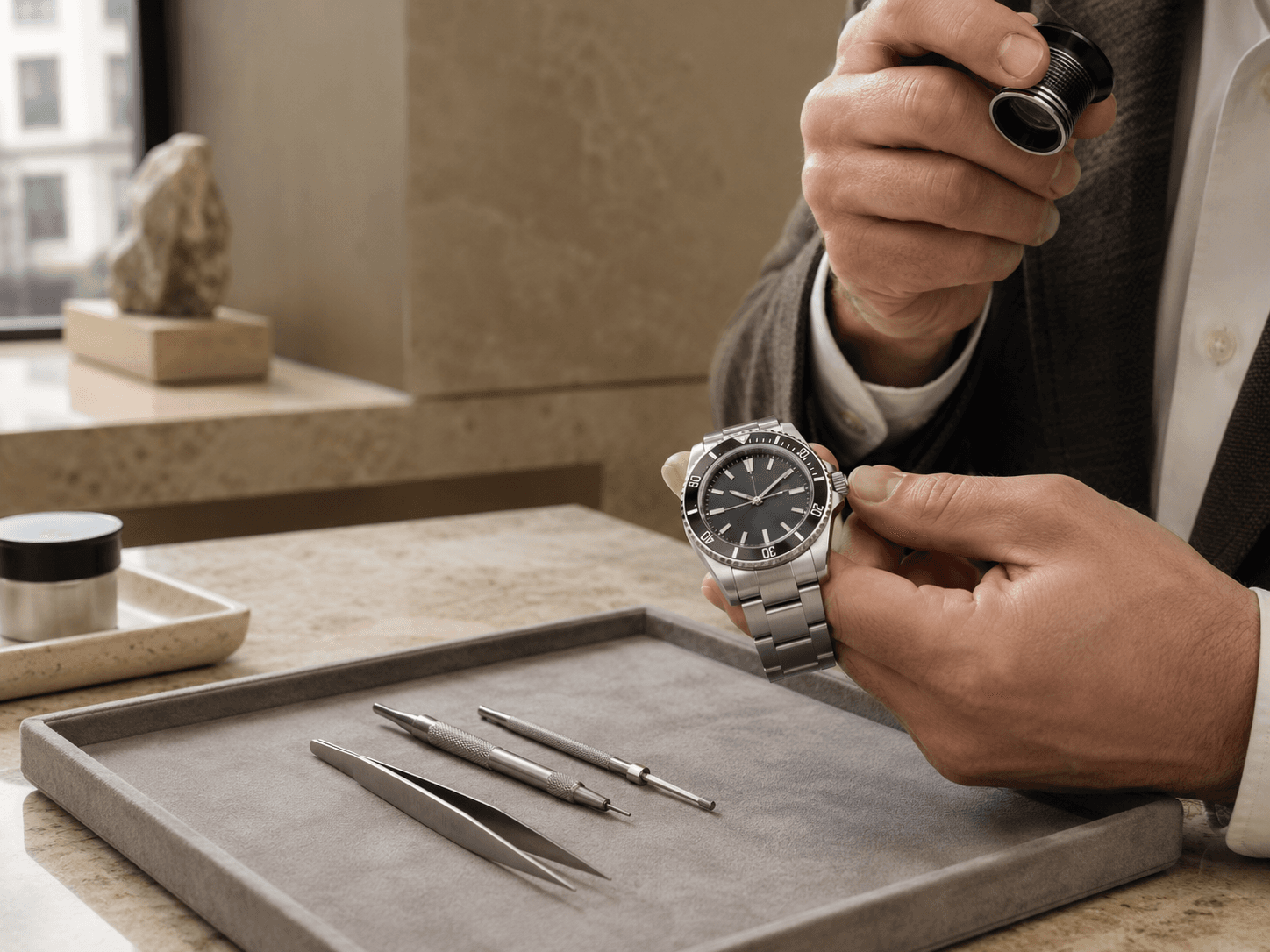 InstaGold specialist authenticating a Rolex at the 47th Street Diamond District office