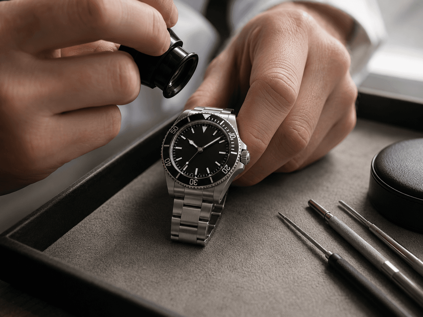 A Rolex watch inspected with a loupe during an InstaGold evaluation