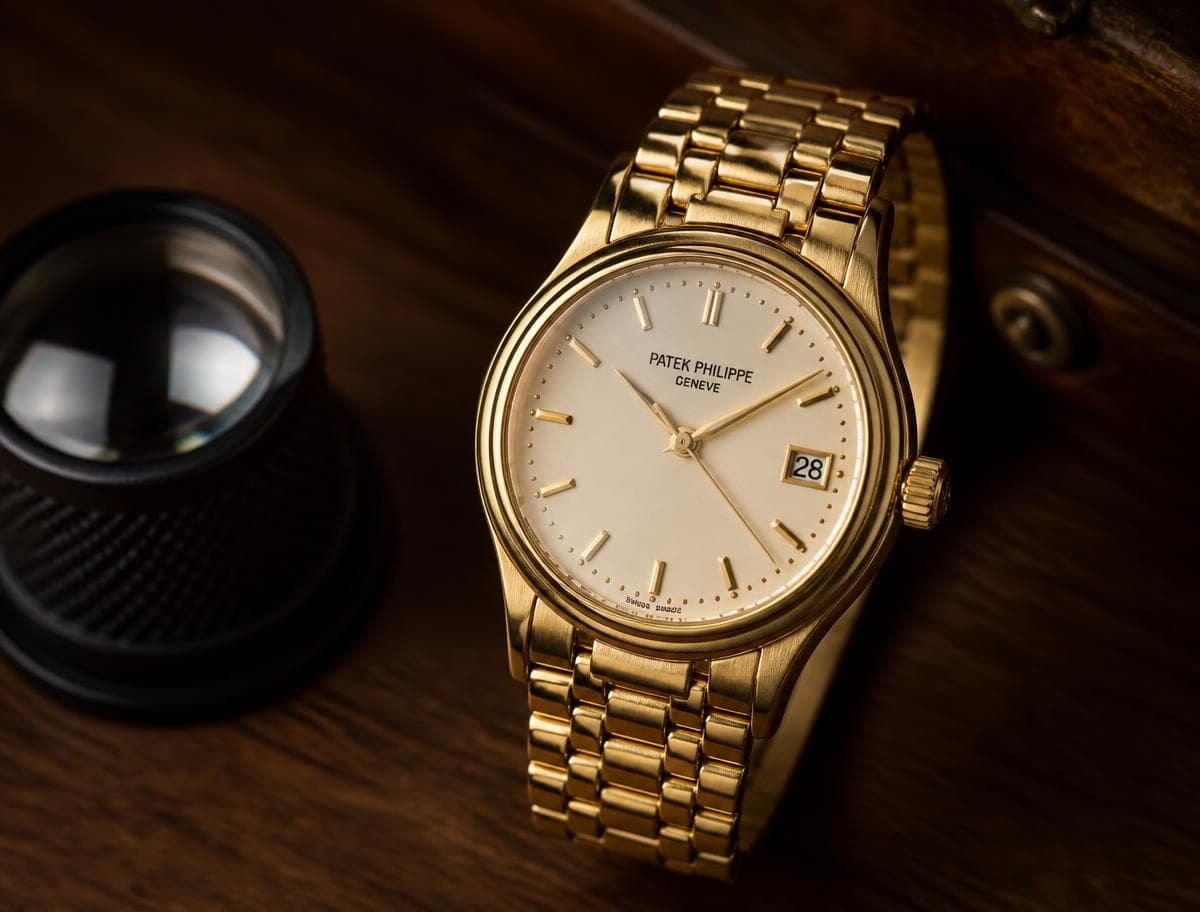 Specialist inspecting a pre-owned luxury watch with a loupe during an InstaGold valuation