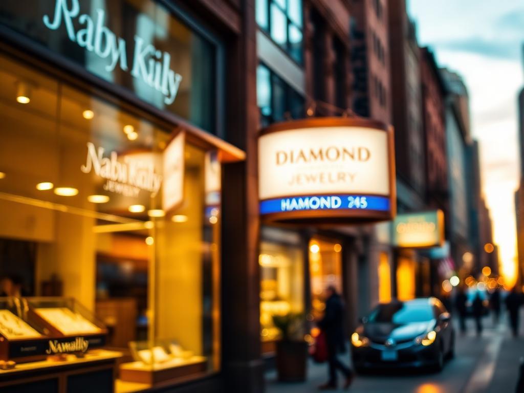 A warm street scene of New York's Diamond District at golden hour