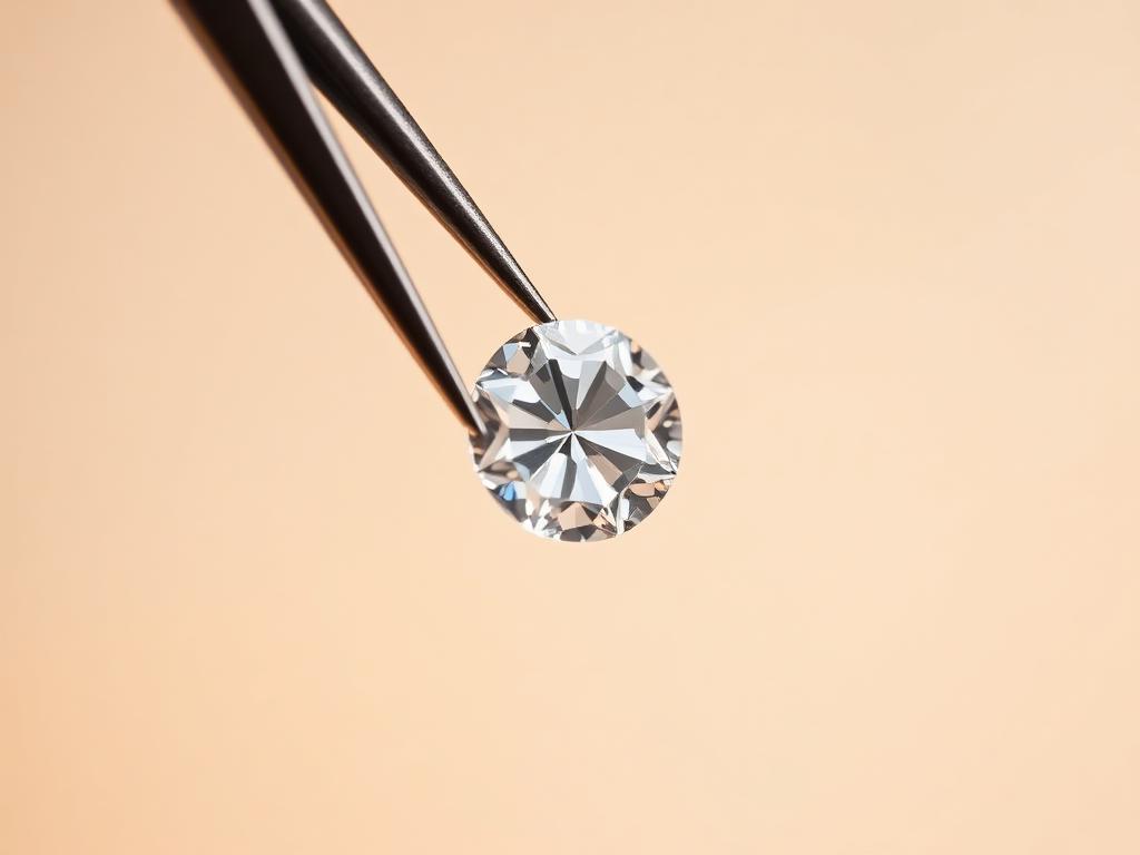 A loose brilliant-cut diamond held in tweezers under soft light