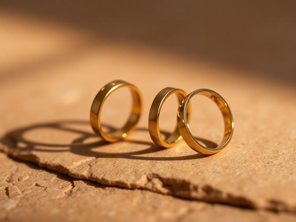 Three gold rings of different karat purity lined up on a warm stone surface