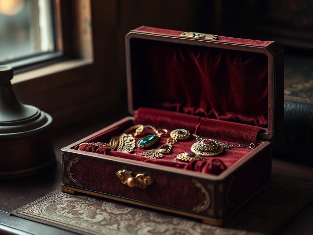 An open vintage jewelry box with inherited gold and gemstone pieces
