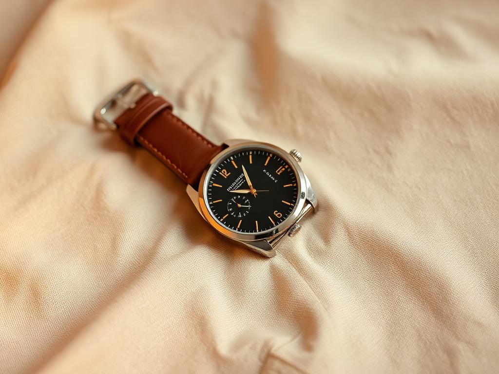A luxury watch with a leather strap resting on soft beige linen