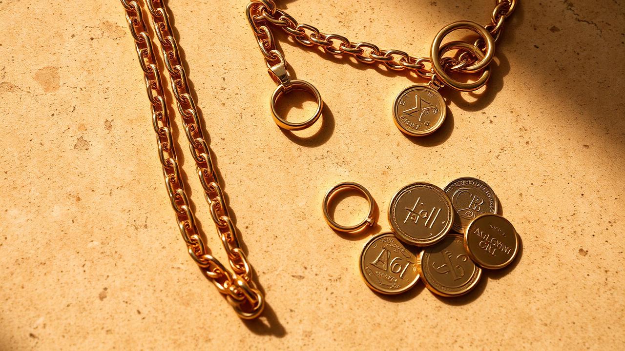 Gold chains, rings and coins arranged on a warm travertine surface