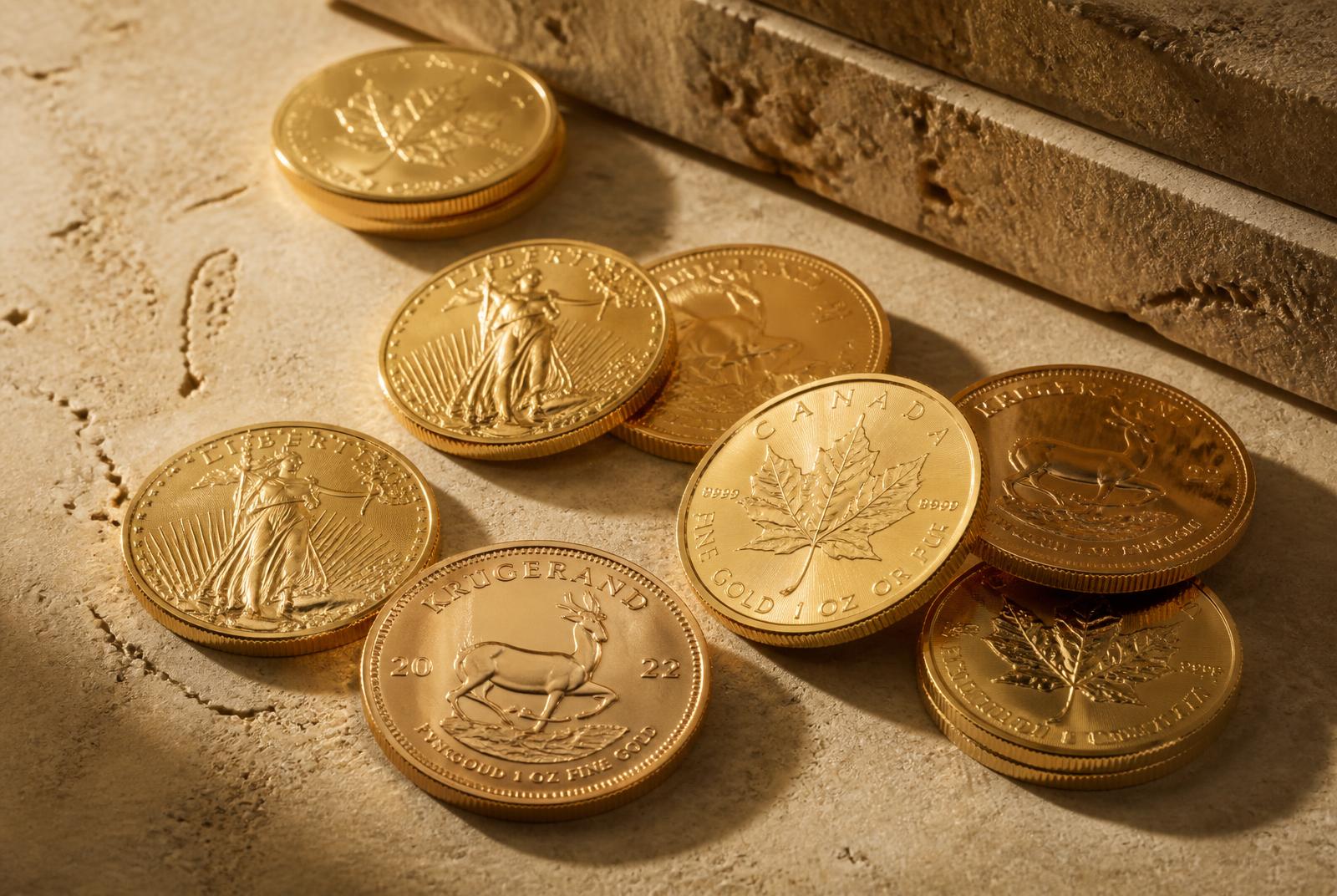 American Gold Eagle, Krugerrand and Canadian Maple Leaf coins on stone at the InstaGold 47th Street office