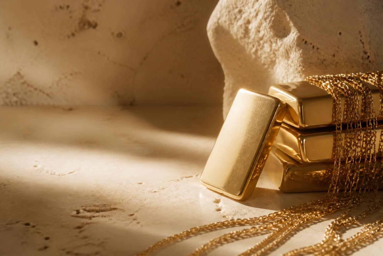 Gold jewelry, coins and bullion on stone at the InstaGold 47th Street office, serving NoMad sellers