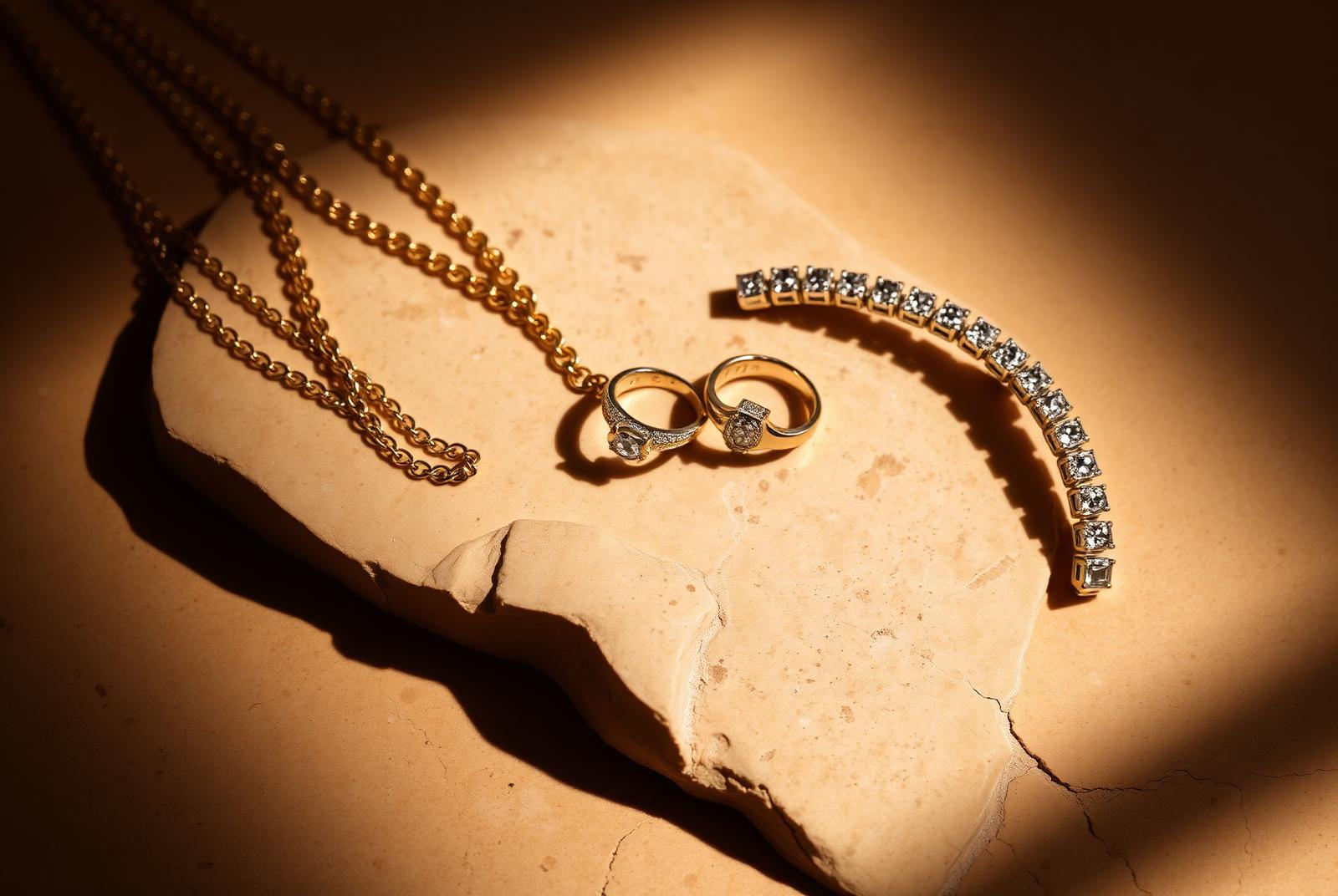 Gold and diamond jewelry on travertine stone at the InstaGold 47th Street office