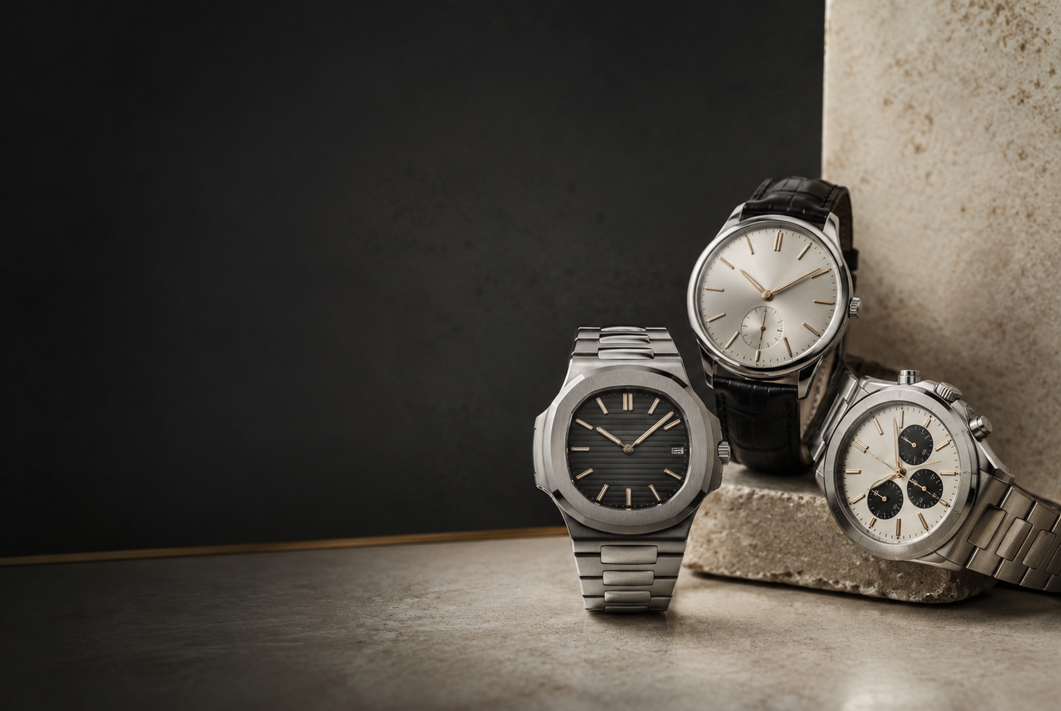 Patek Philippe watches on stone at the InstaGold 47th Street office