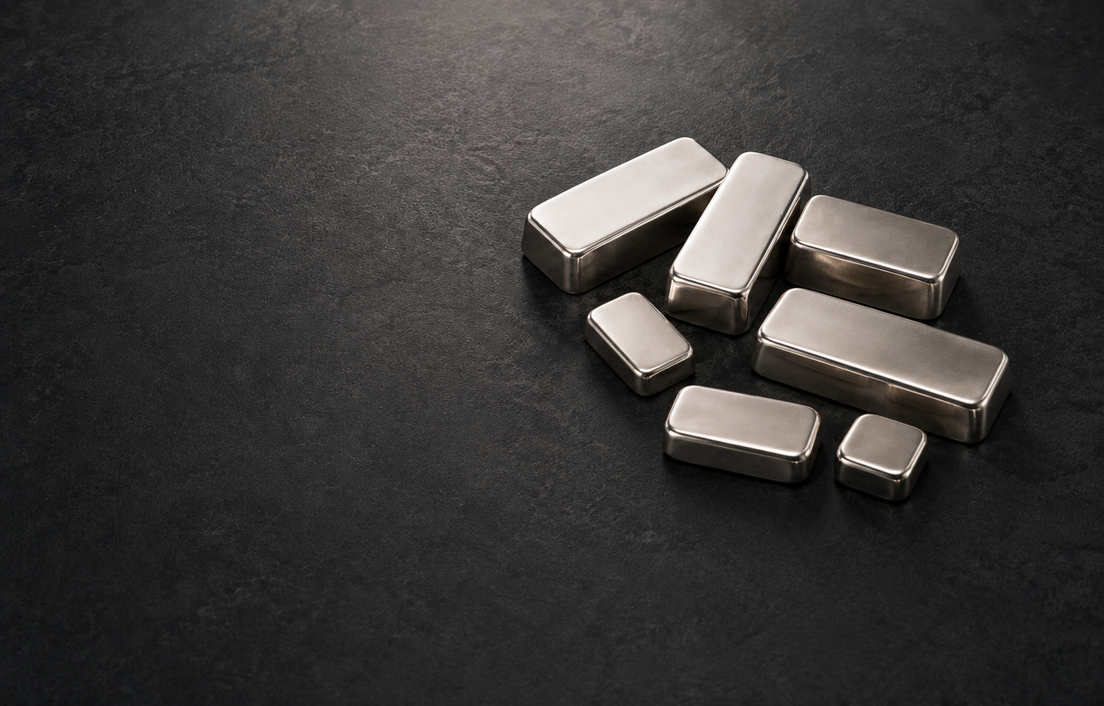 Platinum bars, silver coins and sterling flatware on stone at the InstaGold 47th Street office