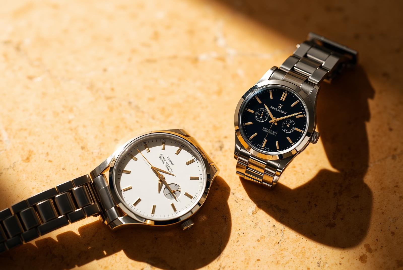 Pre-owned luxury wristwatches on travertine stone at the InstaGold 47th Street office